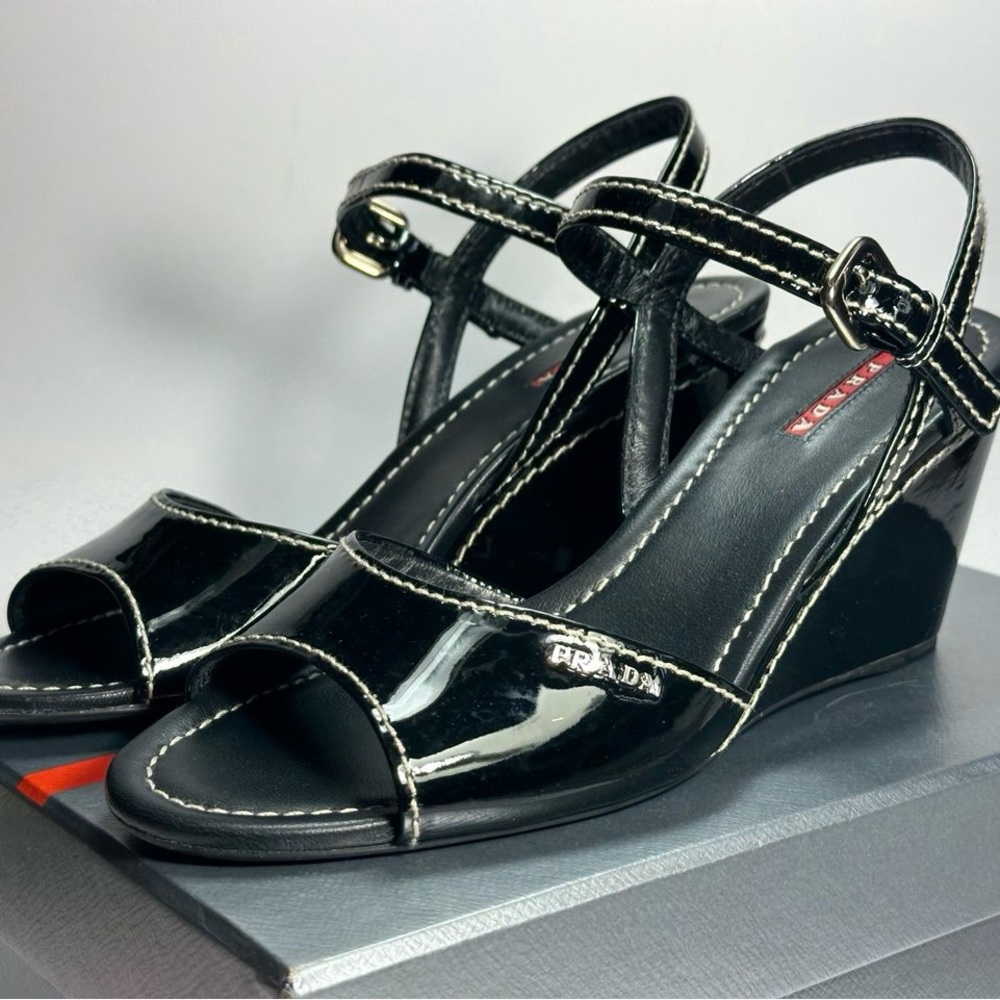 Prada Glossy Black Patent Leather Wedge Sandals Brand New In Box Size 40 /US 9.5 - Picture 8 of 11